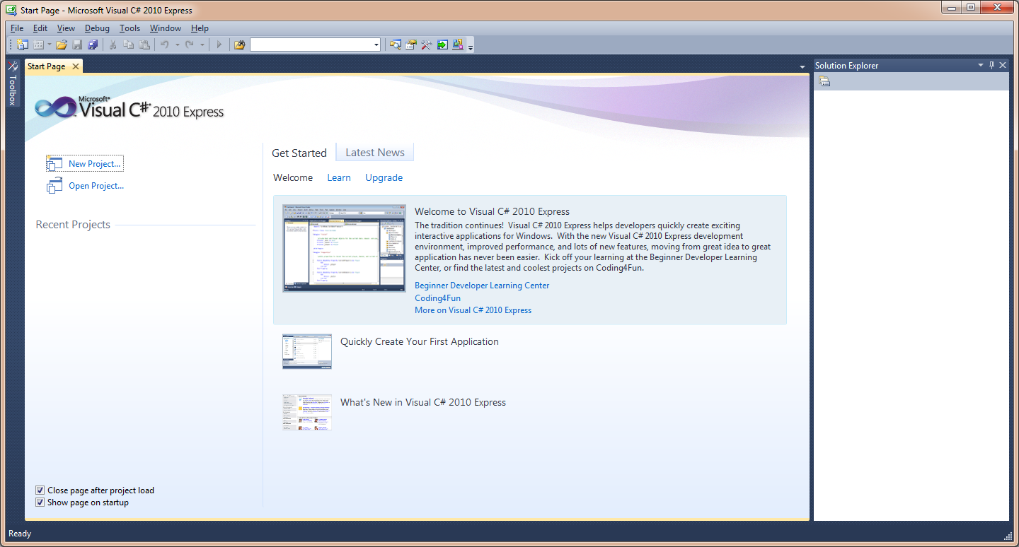 Visual Studio Express Start Page
